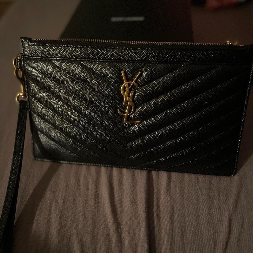 Yves Saint Laurent Black Chevron Clutch with Gold Accents